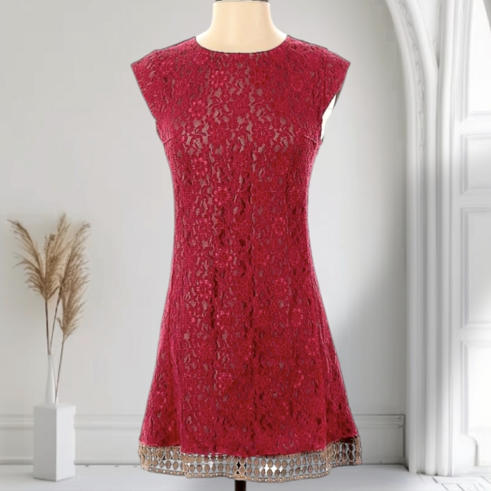 Rose Red Lace Cocktail Party Dress - ABS Allen B Schwartz
